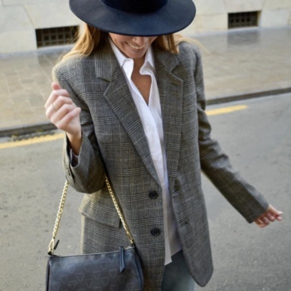 ZARA WOMAN NWT WOOL BLEND PLAID STRAIGHT CUT BLAZER GREY 9152/544 M L XL - Picture 1 of 11